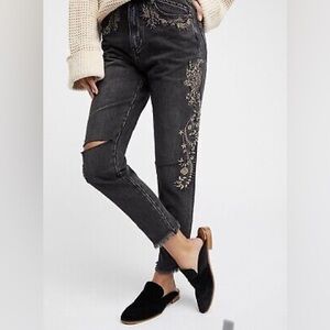Free People x One Teaspoon Black Straight Leg Jeans with Embroidery